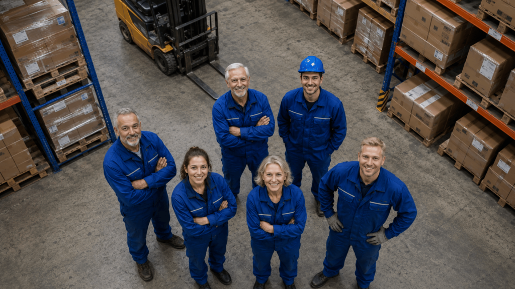 Six warehouse workers in blue coveralls standing together between tall storage shelves filled with boxed inventory. A forklift is parked behind the group as they smile up toward the camera in an organized industrial warehouse setting.